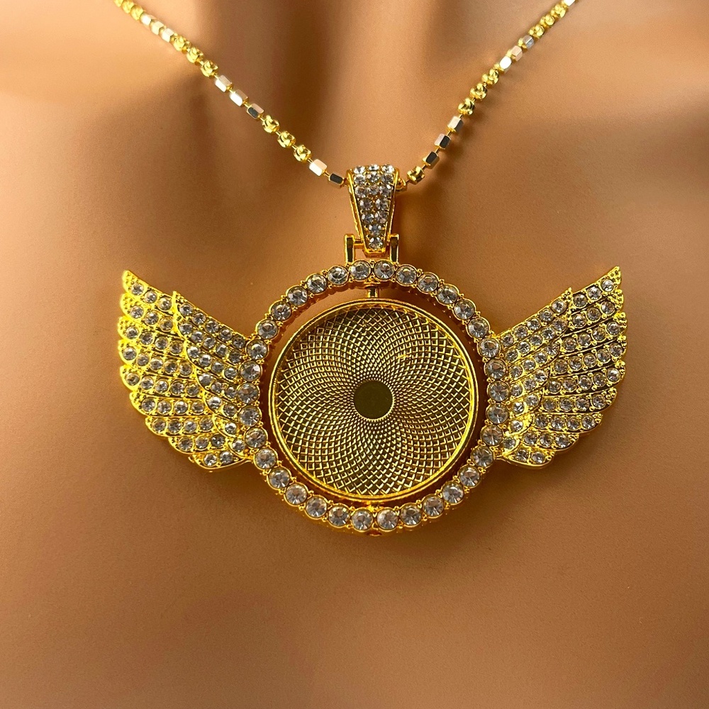 14k Yellow Gold Vermeil spinning custom made angel wing picture memory pendant
